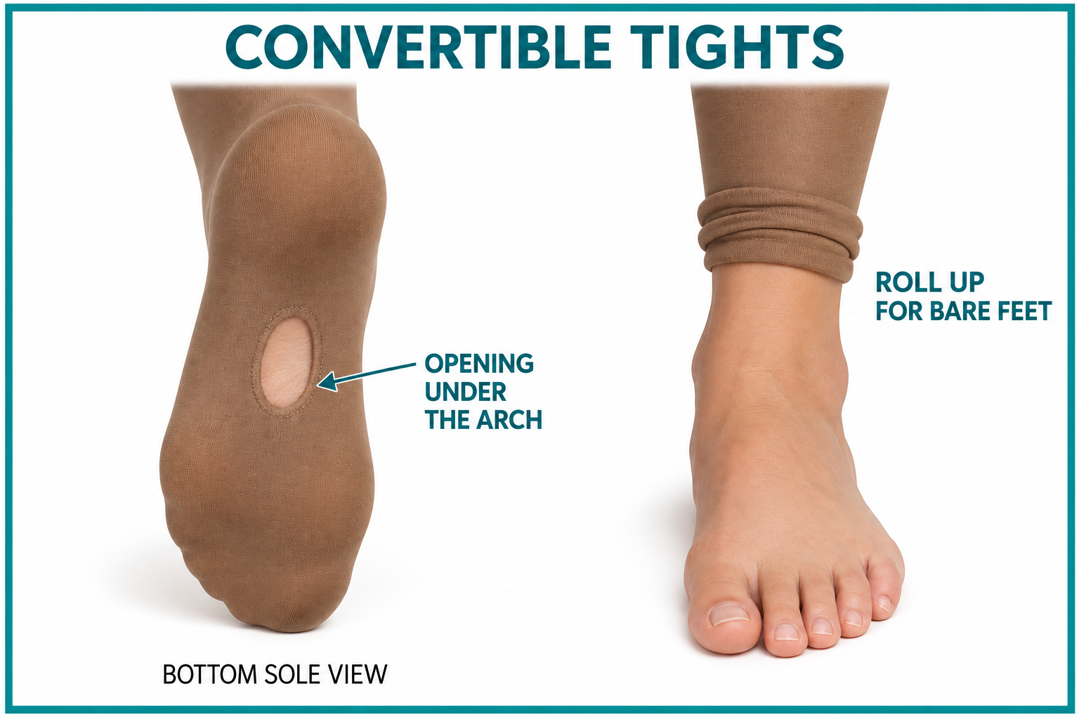 Convertible tights: opening in the centre of the sole under the arch, then rolled above the ankle for bare feet.