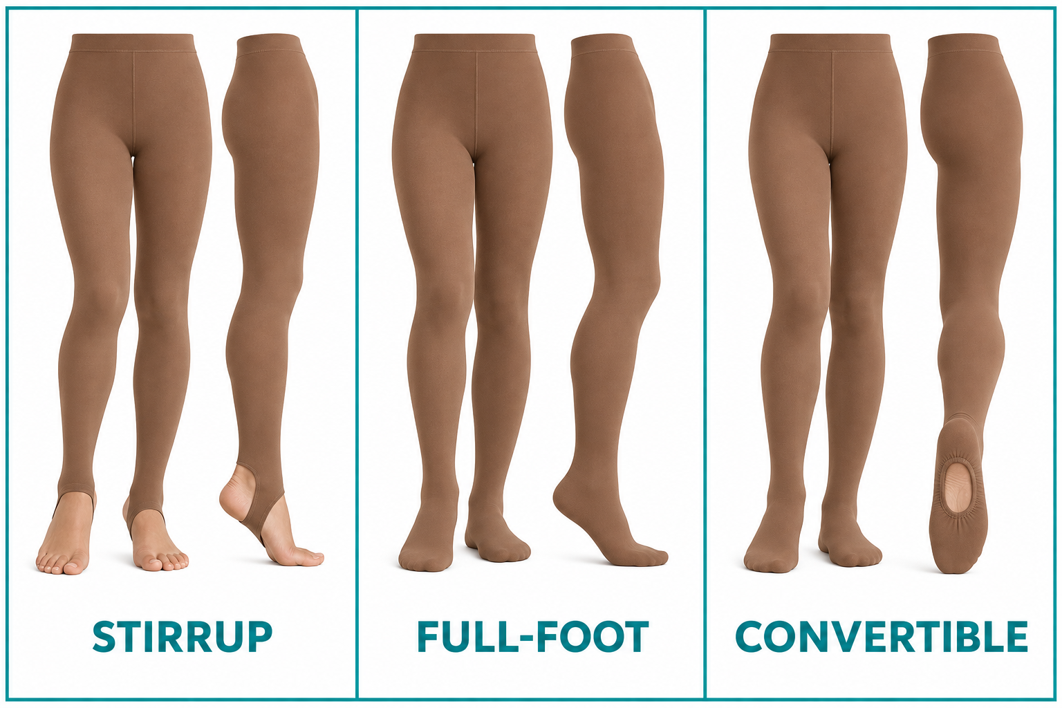 Examples of stirrup, full-foot and convertible dance tights.